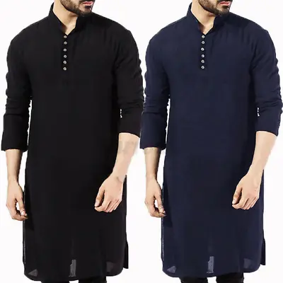 Men's Kurta Pakistan Pajama Indian 100% Cotton Ethnic Plain Long Sleeve Shirt • £20.39