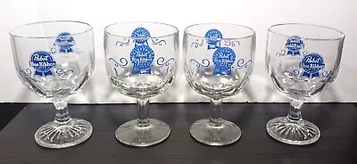 Set Of 4 Pabst Blue Ribbon Stemmed Thumbprint BEER Glasses • $30