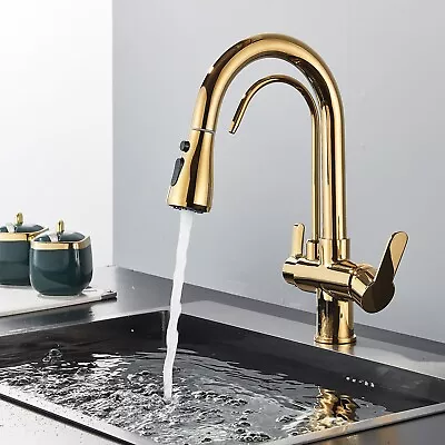 Gold Modern 3 Way Kitchen Mixer Taps Pull Out Spray Pure Water Filter Sink Taps • £67