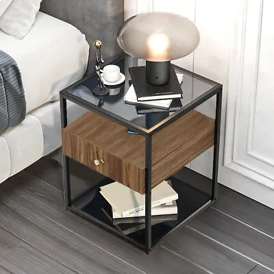 Minimalistic Side Table W/ Drawer Sofa Bed End Coffee Table Glass Top & Bottom  • $85.96