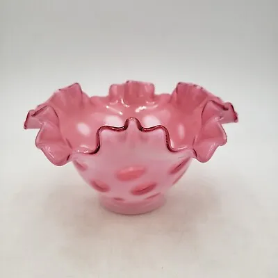 Vintage Cranberry Opalescent Coin Dot Ruffled Edge Bowl Art Glass Candy Dish • $24.95