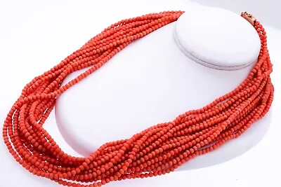 Vintage 14k Yellow Gold Florentine Multi Strand Coral Bead Necklace • $213.50