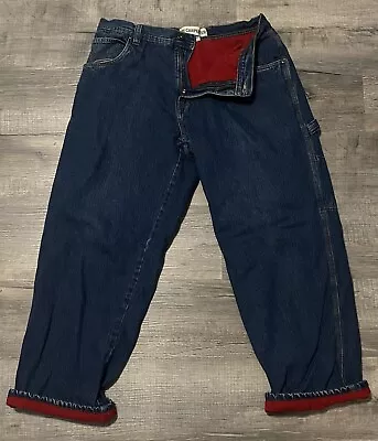 Faded Glory Red Fleece Lined Carpenter Jeans 36x32 Winter Blue Denim Vintage • $17.95
