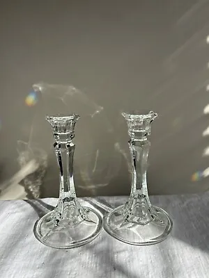 Pair Vintage Indiana Glass 6  Tall Paneled Crystal Glass Candlesticks • $23