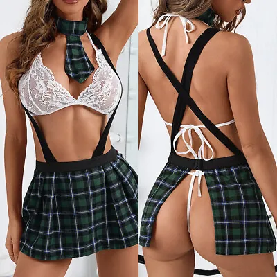 $12.98 • Buy Crotchless Lingerie For Women Four Piece Lace Babydoll Naughty Pajamas Skirt Set