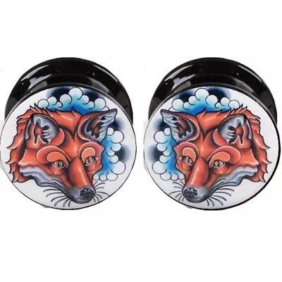 PAIR Red Fox Ear Gauges Ear Plugs Flesh Tunnel SCREW Dog Wolf Acrylic 6g+ • $5.99