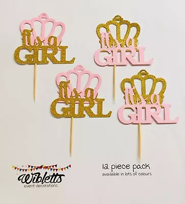 Paper Cupcake Topper Picks It's A Girl Princess Crown Gold Pink Baby Shower • $13.70