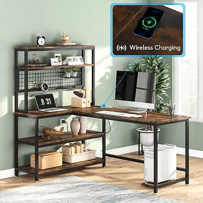 Rustic Large Worksation Study Writing Computer Desk With Hutch Wireless Charging • $191.08