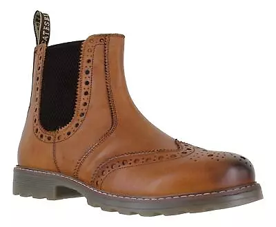 Mens Catesby Pull On Leather Brogues Chelsea Dealer Ankle Boots Sizes 7 To 12 • £39.99