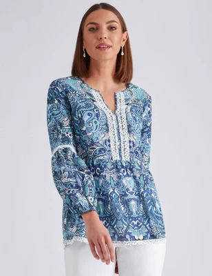 $23.81 • Buy LACE TRIM PAISLEY PRINT TOP Womens Clothing  Tops Tunic