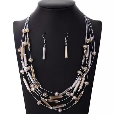 Coral Beads Necklace Earrings Multilayer Chain African Drop Earring Jewelry Set • $15.59