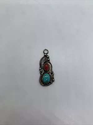 VTG Old Pawn Native American Sterling Silver Turquoise & Coral Leaf Pendant • $39.99