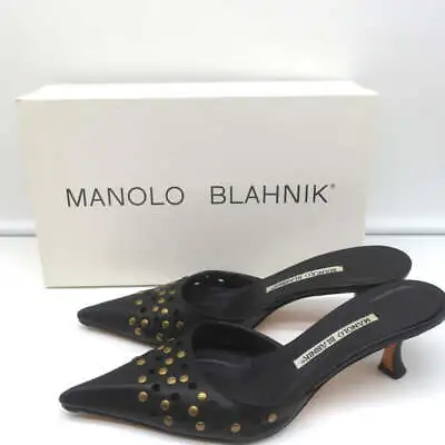 Manolo Blahnik Studded Mules Balu Black Perforated Leather Size 36.5 Kitten Heel • $130