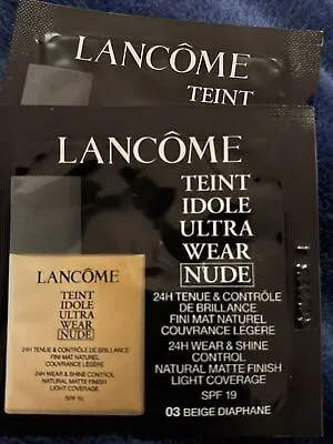 Lancome Teint Idole Ultrawear NUDE Foundation 03 Beige Diaphane 1ml X 2 Samples • £2.49