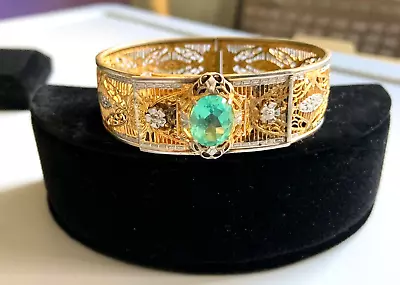 Vintage Samsan Art Deco 2-tone Filigree & Aquamarine Glass Bracelet-gorgeous! • $125