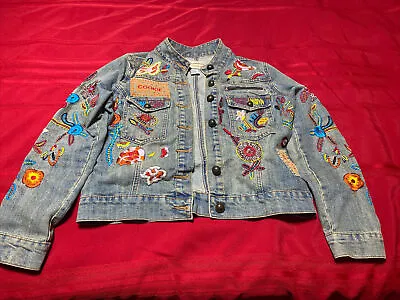 VINTAGE WOMEN’S CARRIE ALLEN COTTON DENIM EMBROIDERED JACKET M. Missing 1 Button • $12.95