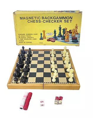 Vintage Magnetic Backgammon Chess & Checkers Set Complete Board Game No. 9948 • $28.45