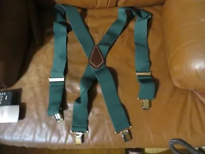 Men's Wide Green Suspenders Metal Clip Adjustable Elastic Leather Patch • $12.95