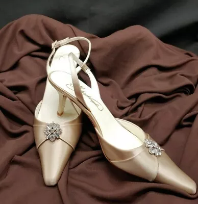 Formal Gold Satin Pumps Shoes 7 Rhinestones Strappy Square Toe Shoes Audrey 7 • $12.83