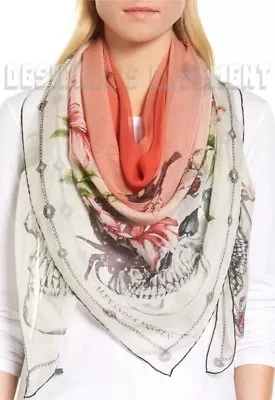 $328.07 • Buy ALEXANDER MCQUEEN Ivory & Coral BOTANICAL SKULL Silk Chiffon 54  Scarf NWT Auth