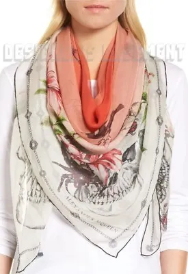 ALEXANDER MCQUEEN Ivory & Coral BOTANICAL SKULL Silk Chiffon 54  Scarf NWT Auth • $376.11