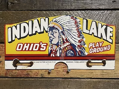 Indian Lake Playground Vintage Porcelain Sign Gas Oil Tag Topper Ohio Camp Boat • $195.50