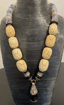 Masha Archer Beaded Artisan Carved Necklace With Silver Onyx Pendant 26” • $995