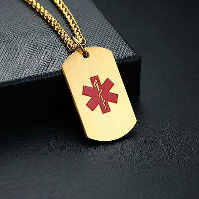 Men Women Medical Alert Necklace Dog Tag Stainless Steel Custom Free Engraving • £8.51