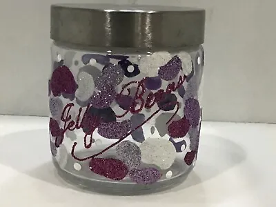 Glass Purple Glitter Jelly Beans Candy Storage Jar Canister Silver Sealed Lid • $14.99