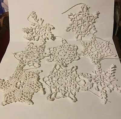 Vintage Crocheted  Starched White Christmas Snowflake Ornaments Lot Of 8 • $6.50