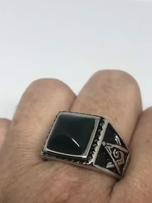 1980's Vintage Large Stainless Steel Black Onyx Size 8.5 Men's Free Mason Ring • $44