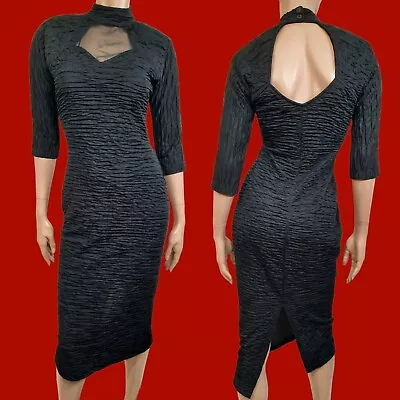 Vintage Black Goth Midi Dress S High Neck Cut Out Textured Crinkled Sheath • $35.90