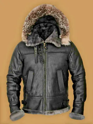 Men's RAF Flight Original Fur Shearling Real Sheepskin B-3 Bomber Leather Jacket • $199.99