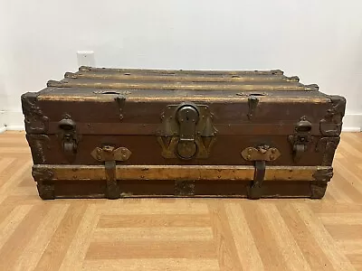 Vintage WOOD STEAMER TRUNK Chest Coffee Table Storage Box Antique Wooden Decor • $125