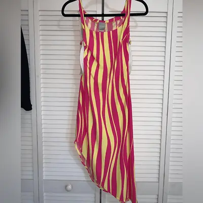 Versace Vintage 90s Asymmetrical Tiger Print MIDI Dress Pink Yellow • $450