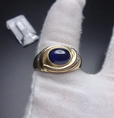 14K SOLID Gold Blue Sapphire Diamond Cabochon MENS Ring 10.5 • $499.99