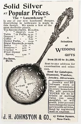 1895 Solid Silver LUXEMBOURG Design Pea Spoon Vtg Print Ad~J.H.Johnston&Co Gifts • $12.95