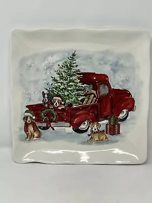 Maxcera Dinner Plate 11” Square Scalloped Christmas Tree Red Truck Dogs Holiday • $14.97