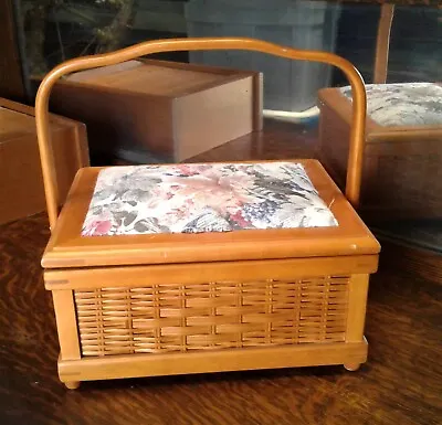 Vintage Wicker Wooden Sewing Basket Jo Ann Fabrics 1999 W Floral Tapestry • $19.99