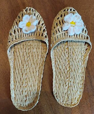 Vintage Natural Straw Woven Wicker Slipper Shoes 10 Inch Long With Flower • $3.25