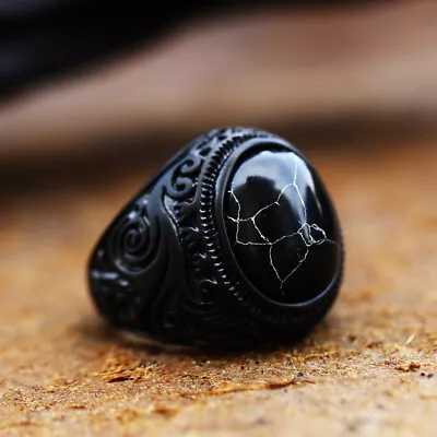 Vintage Black Agate Signet Ring Stainless Steel Men's Wedding Jewelry Biker Ring • $14.99