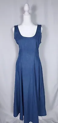 Laura Ashley Dress Blue Denim Jumper Midi Chambray Sleeveless Simple Vtg S M • £38.58