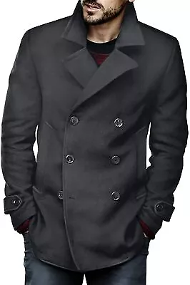 Bbalizko Mens Classic Pea Coat Notched Collar Slim Fit Double Breasted Winter Wa • $142.36
