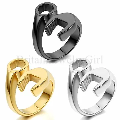 Black Gold Plated Stainless Steel Biker Mechanic Wrench Ring Mens Band Size 7-15 • $9.89