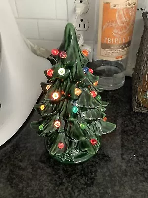 Vintage Ceramic Christmas Tree Lighted W/ Holly Base 1980's 7  Tall 2 Piece • $21.90