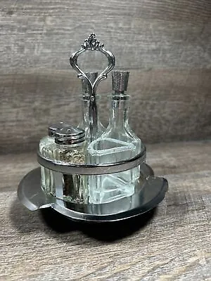 Small Vtg 5 Item Glass Cruet Set Salt Pepper Oil Vinegar Mustard W/ Swivel Stand • $30