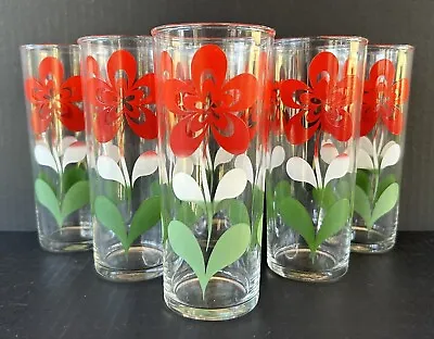 Mid Century Glass Tumblers 6.5  Red Poppy Flower Set Of 6 MCM Retro • $50