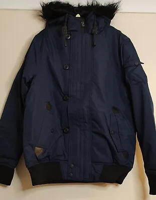D-struct Parka Fur Hooded Coat Jacket Navy Blue Size Medium • £45