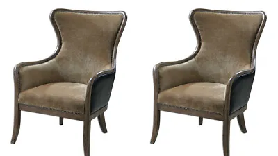 Pair Snowden Vintage Decor Wing Back Accent Arm Chair Weathered Wood Uttermost • $2427.26
