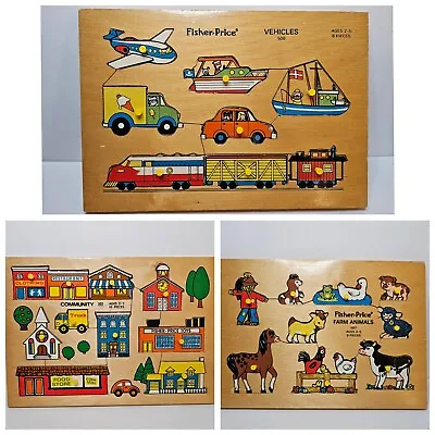 Vtg Fisher Price 3 Wooden Puzzles Farm Animals Vehicles Community Free Shipping • $34.95